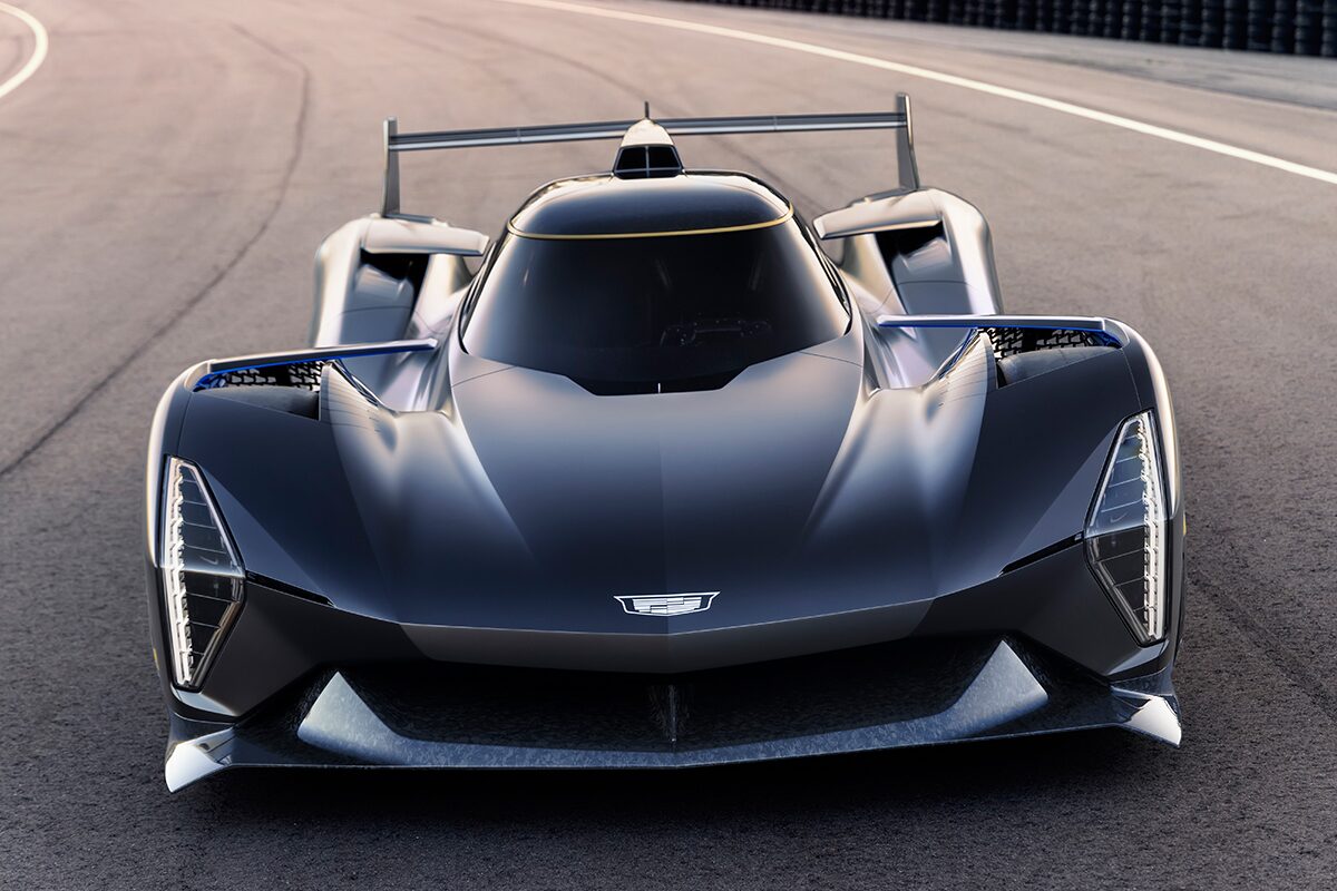 Front View of the Cadillac GTP Hypercar Concept Vehicle on a Track
