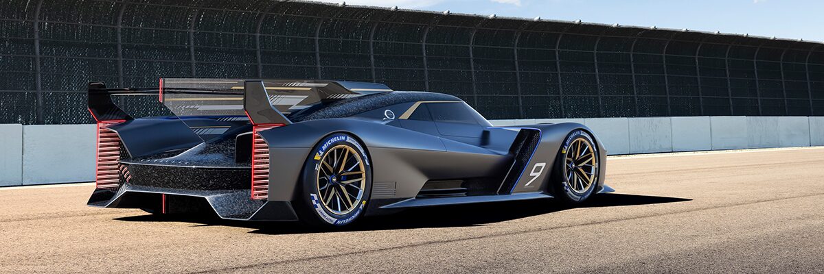 Rear Three-quarter View of the Cadillac GTP Hypercar Concept Vehicle on a Track