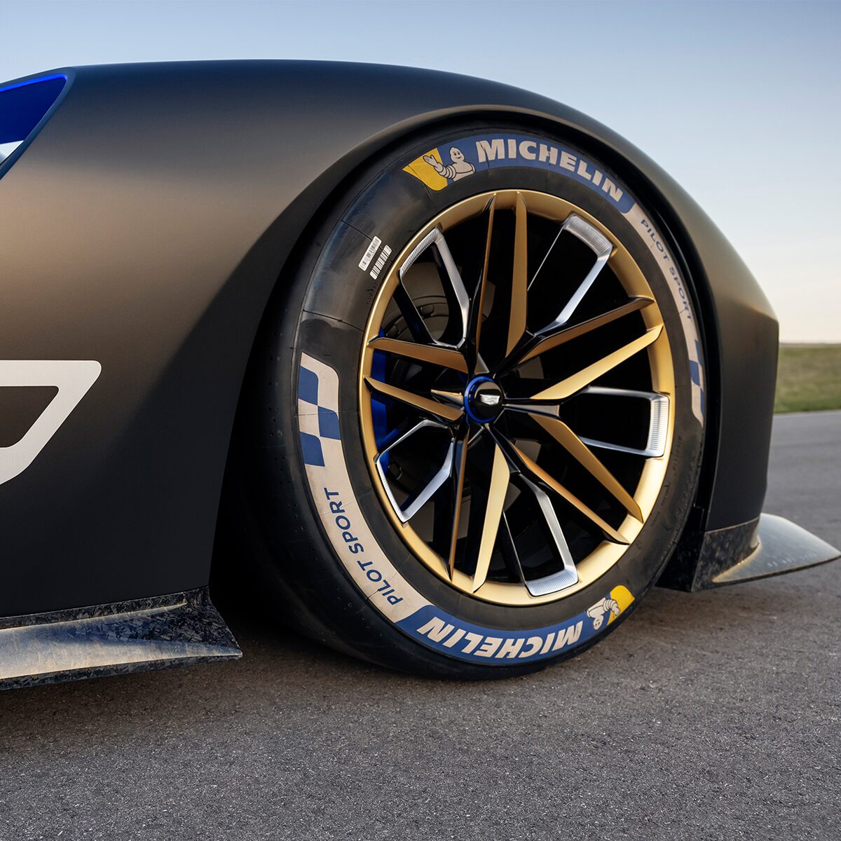 Close-up of the Cadillac GTP Hypercar Concept Vehicle Tire on a Track