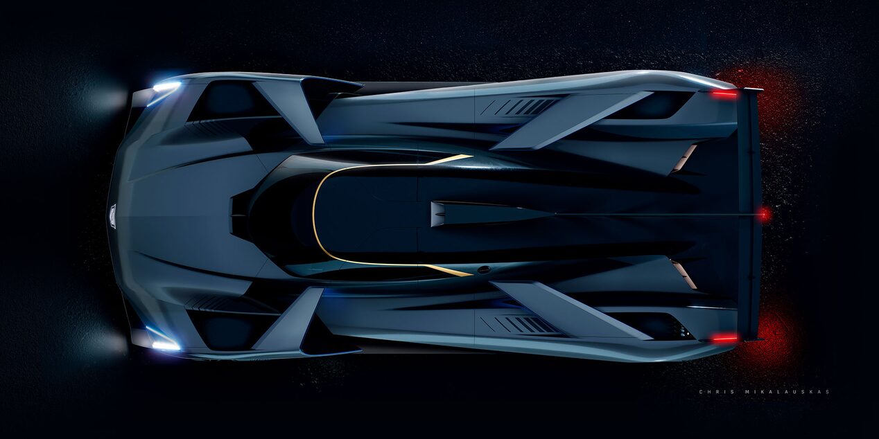 Top View of the Cadillac GTP Hypercar Concept Vehicle with its Exterior Lights on