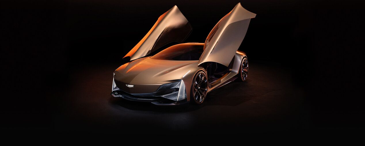 A Cadillac Ultra-luxury High Performance Concept Vehicle with Butterfly Doors Open