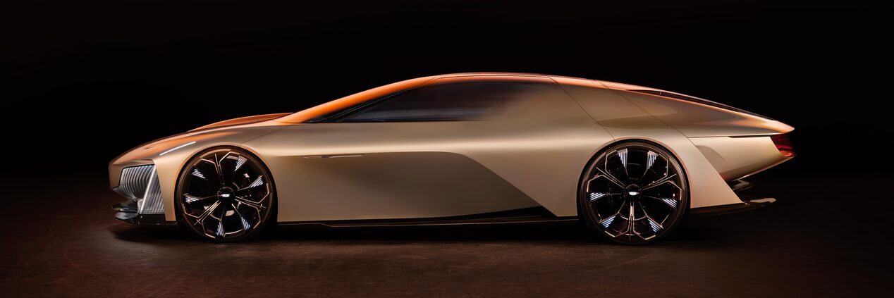 Side Profile of the Cadillac Opulent Velocity Concept Vehicle in a Dark Showroom