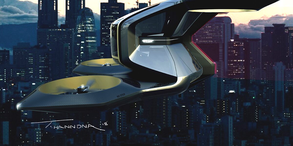 The Cadillac PersonalSpace Concept Vehicle Floating in the Sky of the City