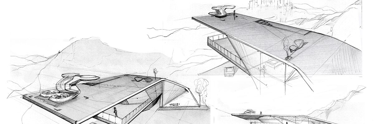 Black and White Sketches of the Cadillac PersonalSpace Concept Vehicle Parked on a Landing Space