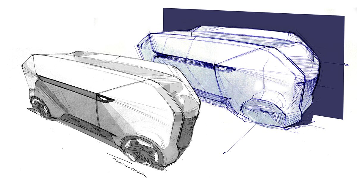 A Black and White Sketch of Two Cadillac SocialSpace Concept Vehicle Side by Side