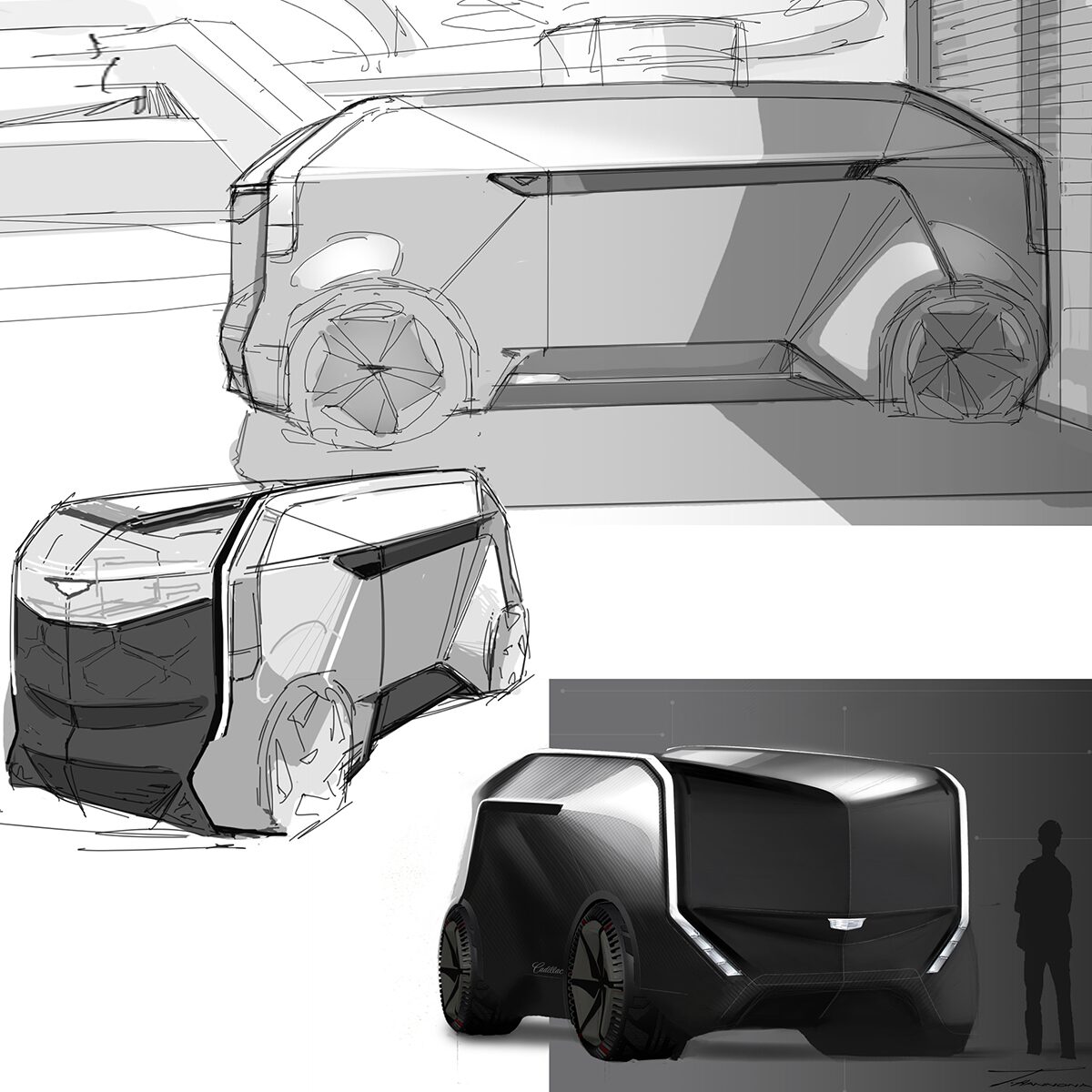 Black and White Sketches of Three Cadillac SocialSpace Concept Vehicles