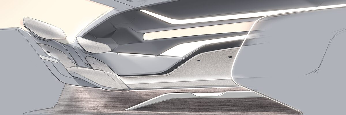 A Black and White Sketch of the Cadillac SocialSpace Concept Vehicle Interior