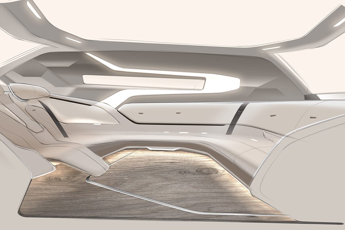 A Black and White Sketch of the Cadillac SocialSpace Concept Vehicle Interior and Seating Area
