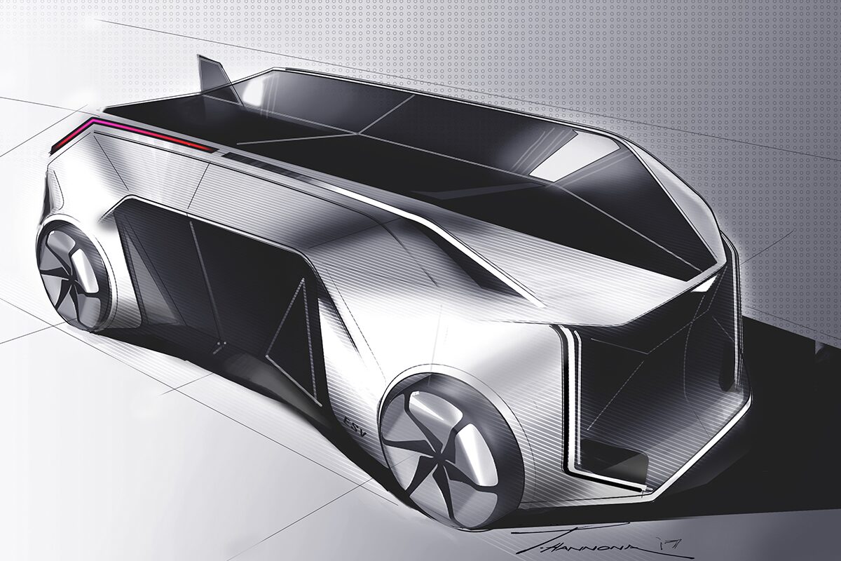 A Black and White Sketch of the Cadillac SocialSpace Concept Vehicle Exterior