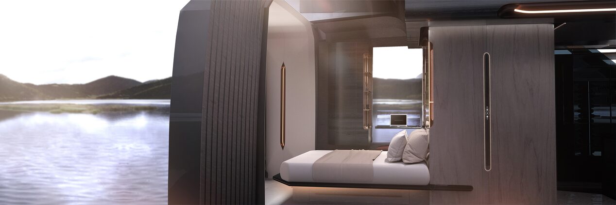 The Interior and Bed in the Cadillac OpenSpace Concept Vehicle Parked near Water