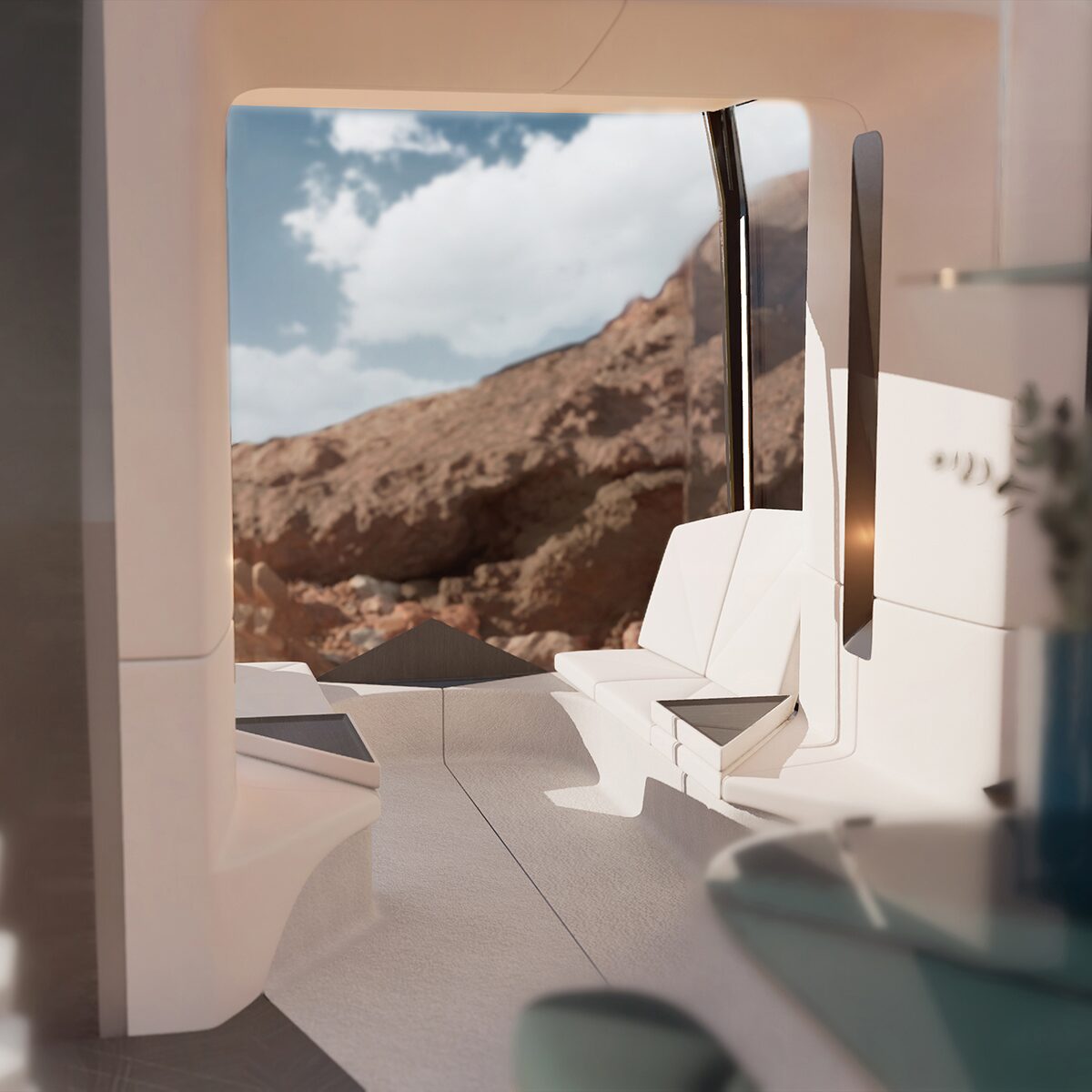 The Interior Seating in the Cadillac OpenSpace Concept Vehicle Outlooking the Desert