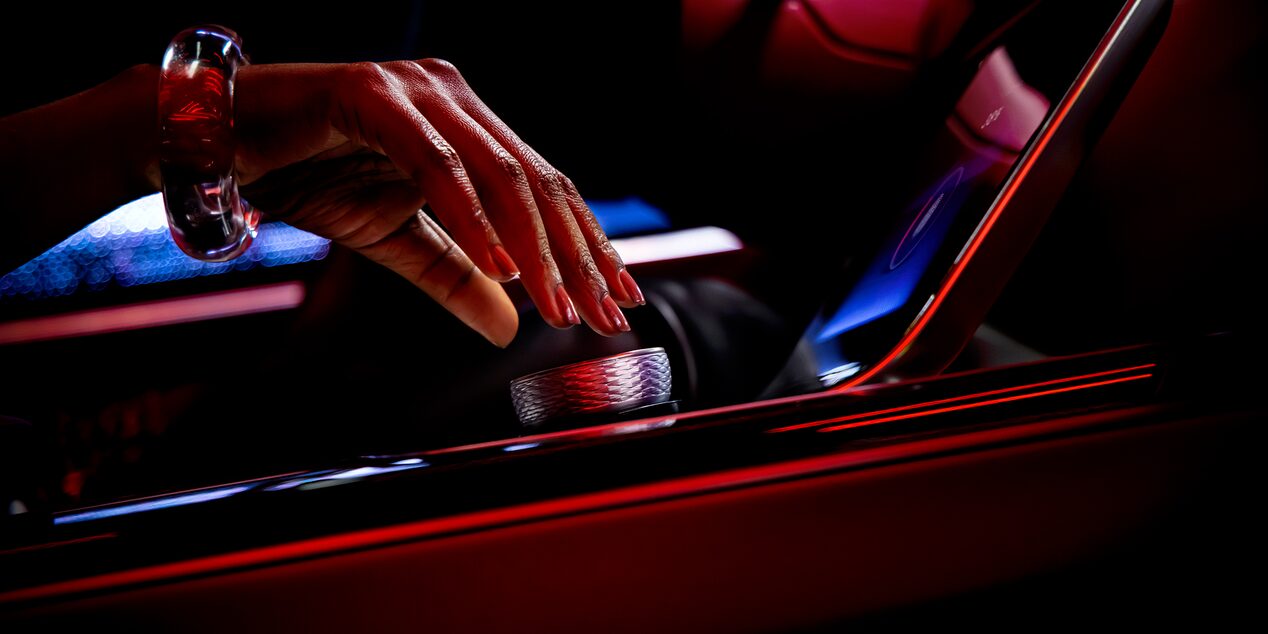 Close-up of a Woman Using the Cadillac CELESTIQ Shifter