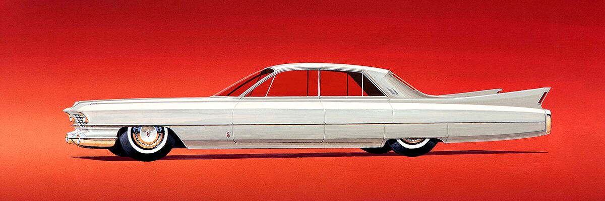 Side Profile of a White Classic Cadillac on a Red Background