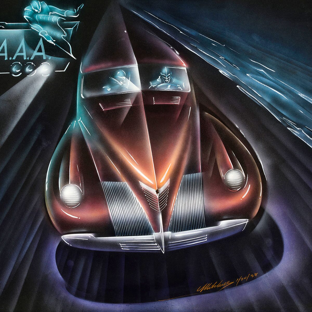 1939 "Low Grille" Proposal by William "Bill" Mitchell, 1/20/1938. Digital print of original rendering, pencil, gouache on Canson paper. From the GM Design Archive & Special Collections