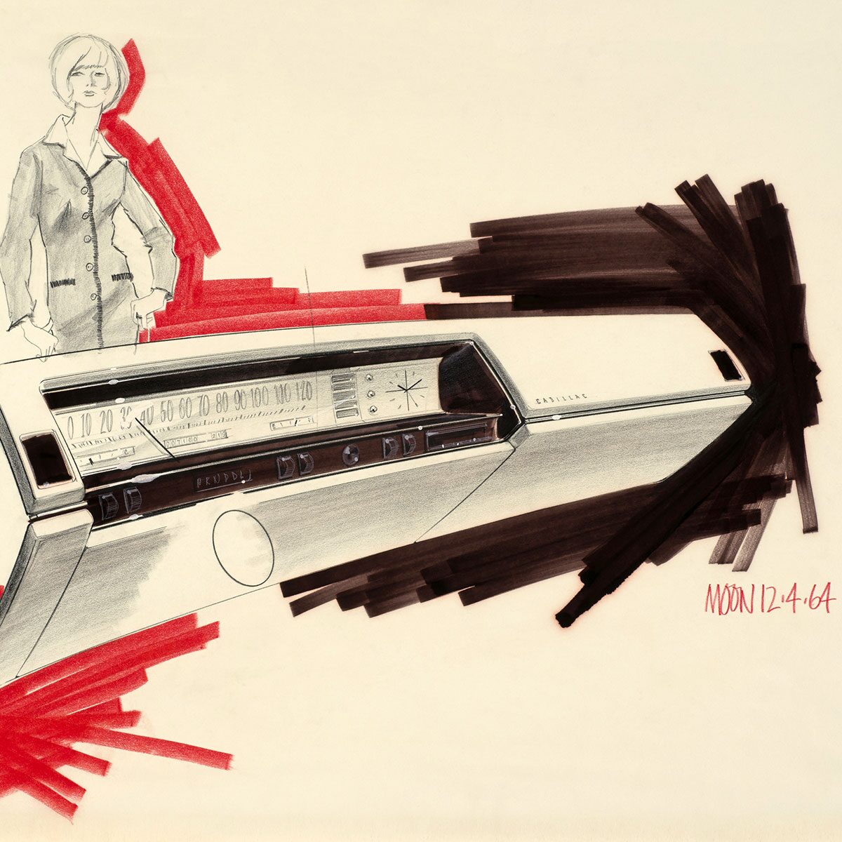 Instrument Panel by George Moon, 12/4/1964. Digital print of original rendering, pencil, gouache, ink on vellum. From the GM Design Archive & Special Collections