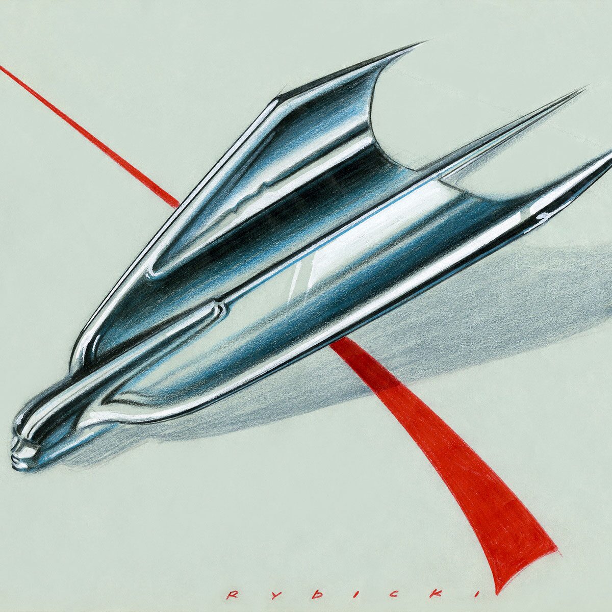 "Goddess" Hood Ornament by Irv Rybicki, Undated. Digital print of original rendering, pencil, gouache on paper. From the GM Design Archive & Special Collections