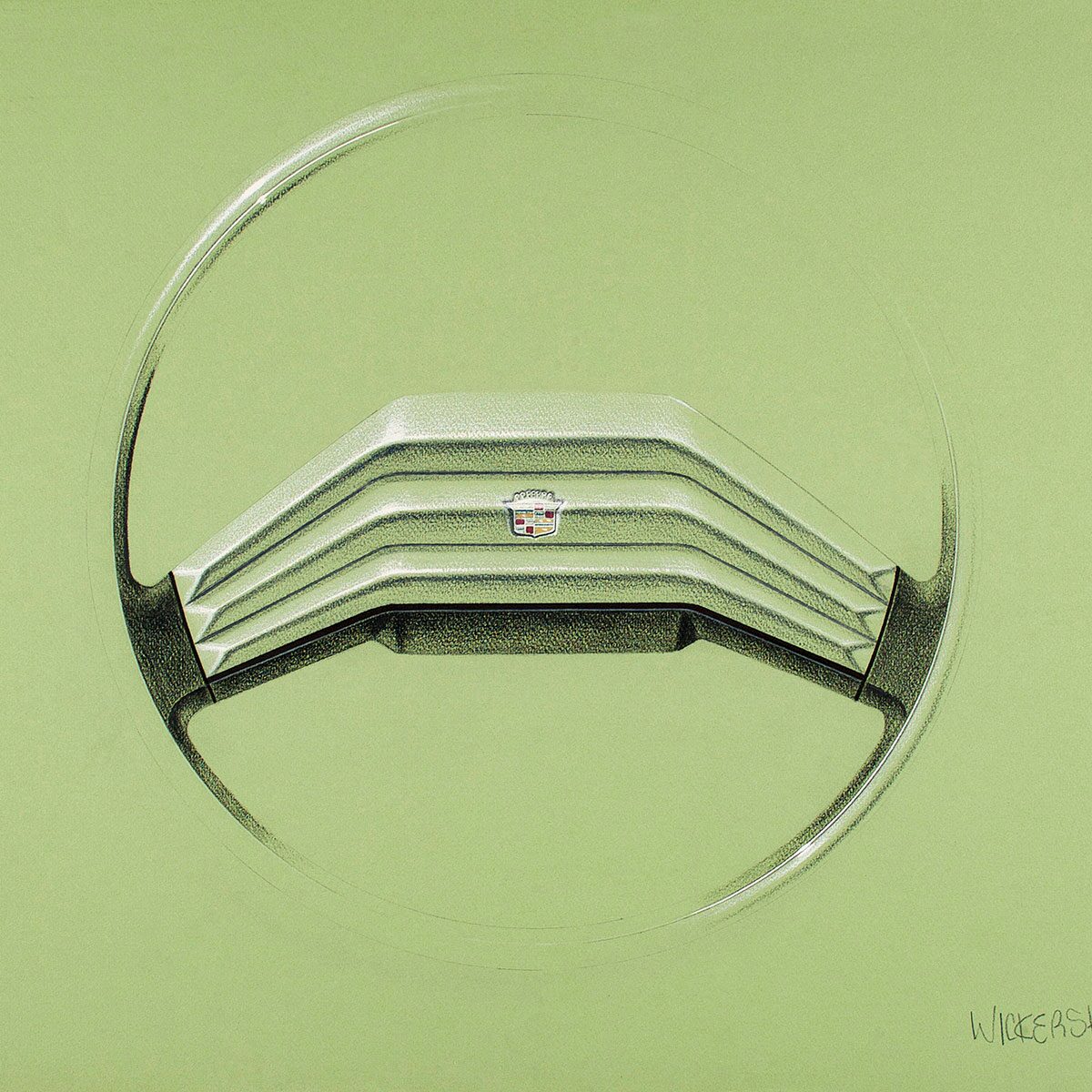 Steering Wheel by Galen Wickersham, Undated. Digital print of original rendering, pencil on paper. From the GM Design Archive & Special Collections