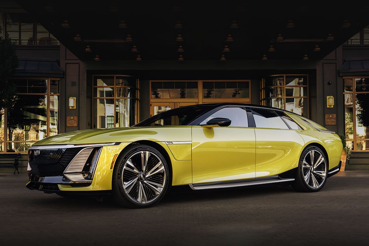 Three-quarters View of the Ultra-luxury Cadillac CELESTIQ Parked Outside of a Luxurious Hotel Entrance