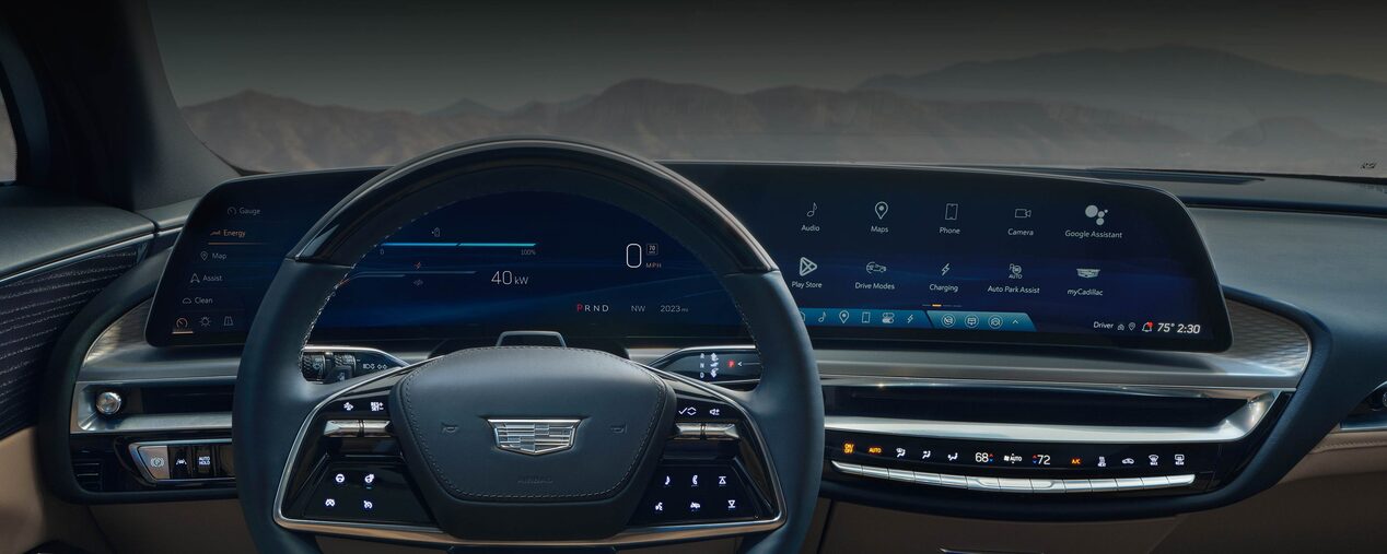 Close-up of the 2025 Cadillac LYRIQ Steering Wheel and 33" Diagonal Advanced LED Display