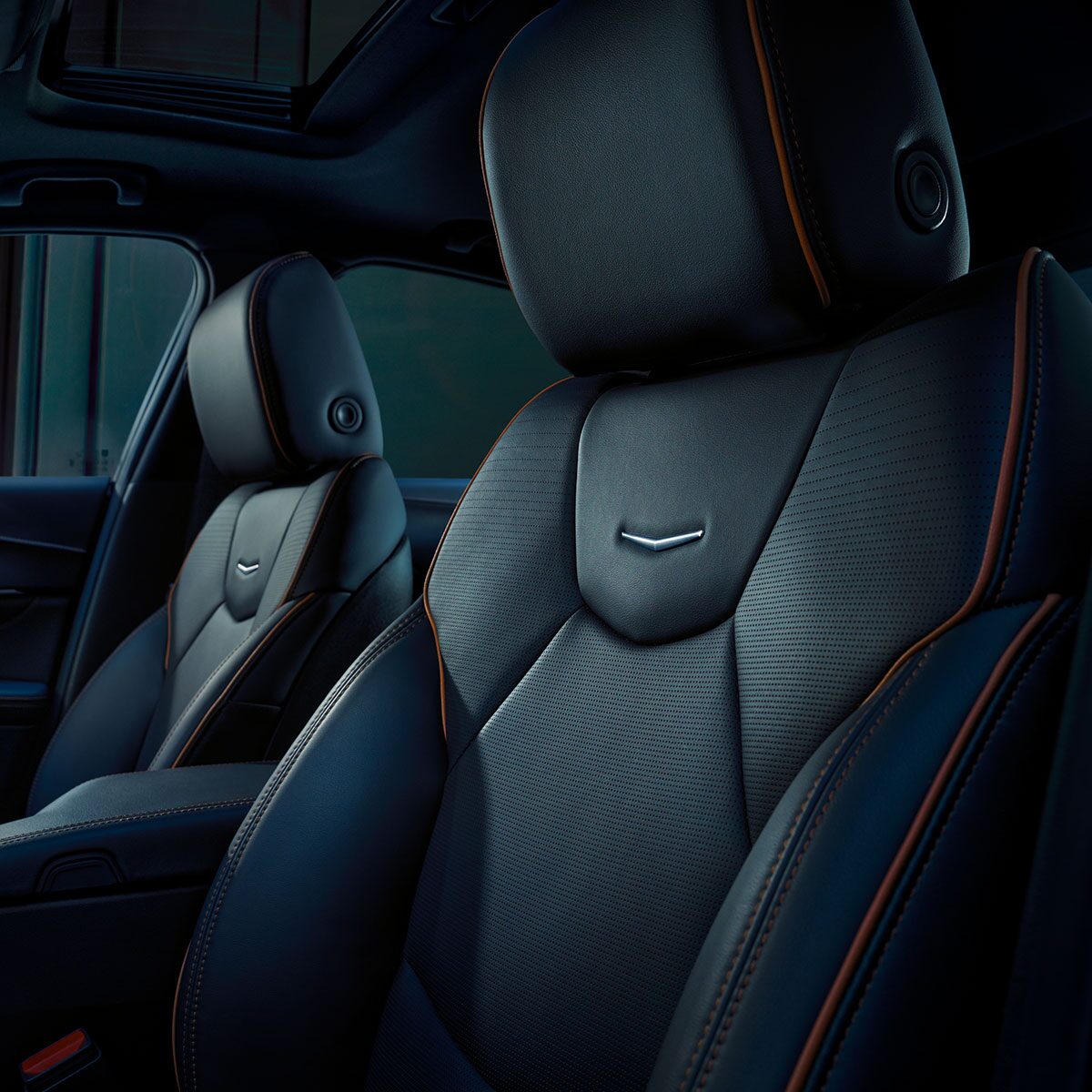 A 2026 CT4 Black Leather Driver's Seat with Orange Stitching Details