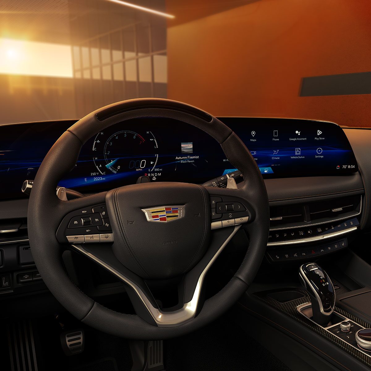 2025 Cadillac CT5 Close-Up of Leather Steering Wheel and Display Screen