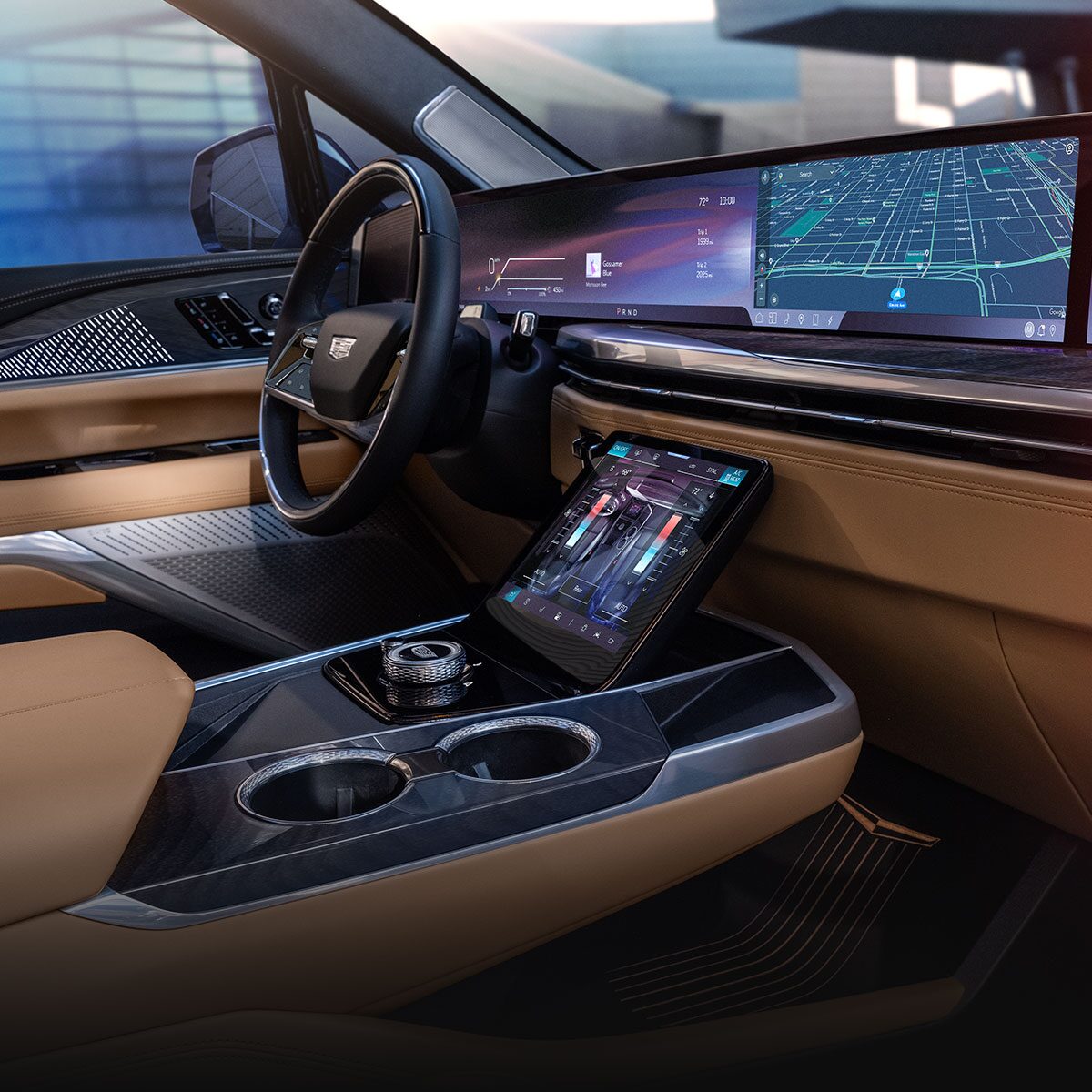 Passenger View of the Driver Side and Middle Console with Navigation on the Display Screen in the 2026 ESCALADE IQ