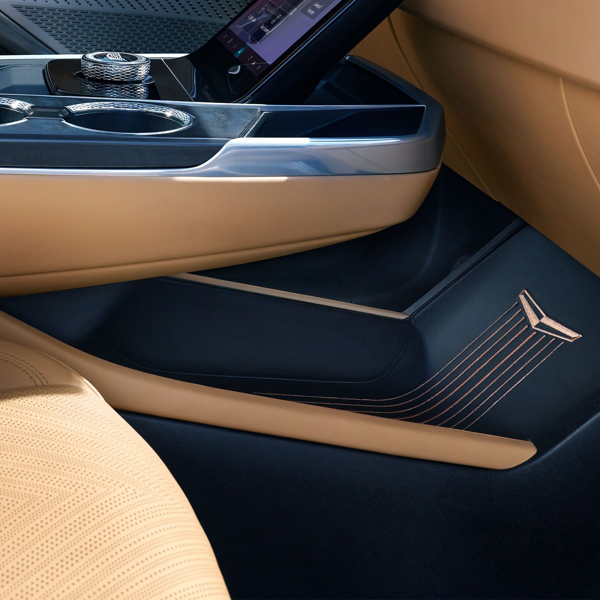 Close-up of the Cadillac Logo Near the Bottom of the 2026 ESCALADE IQ Center Console