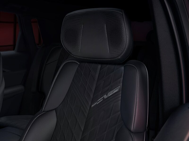 Close-up of the All Black 2026 Cadillac LYRIQ-V Front Row Signature Seats