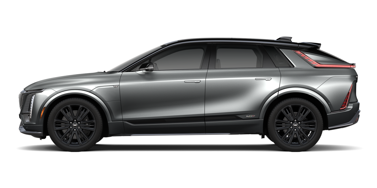 Driver's Side Profile of A Magnus Metal Frost 2026 Cadillac LYRIQ V-Series Premium Model