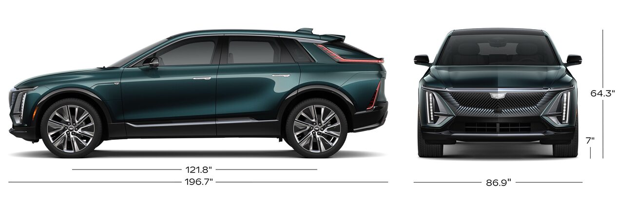 The Side Profile and Front Profile of a Dark Green Cadillac LYRIQ with its Size Dimensions