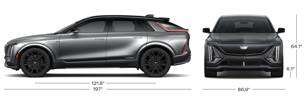The Side Profile and Front Profile of a Dark Green Cadillac LYRIQ with its Size Dimensions
