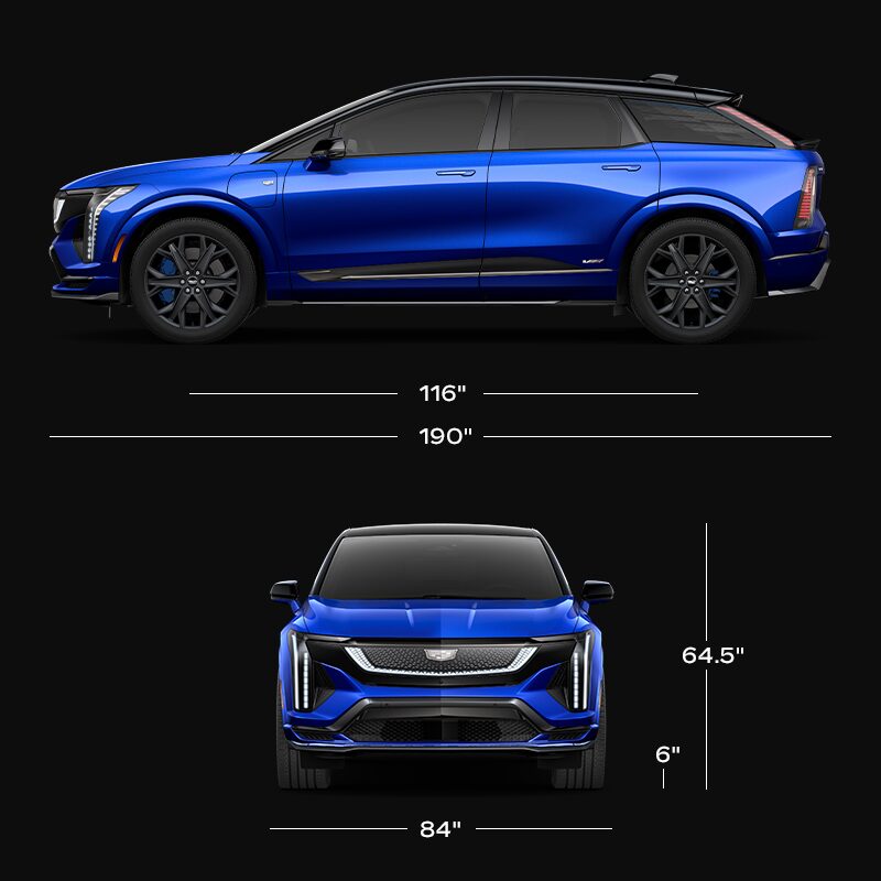 The Side Profile and Front View of a Blue 2026 Cadillac OPTIQ-V with the Vehicle's Dimensions Listed