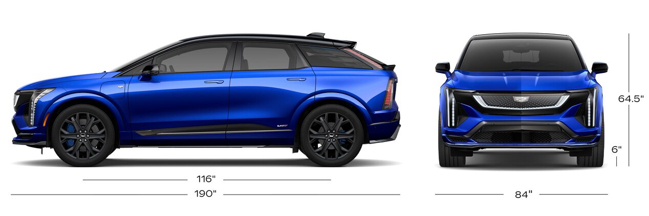 The Side Profile and Front View of a Blue 2026 Cadillac OPTIQ-V with the Vehicle's Dimensions Listed
