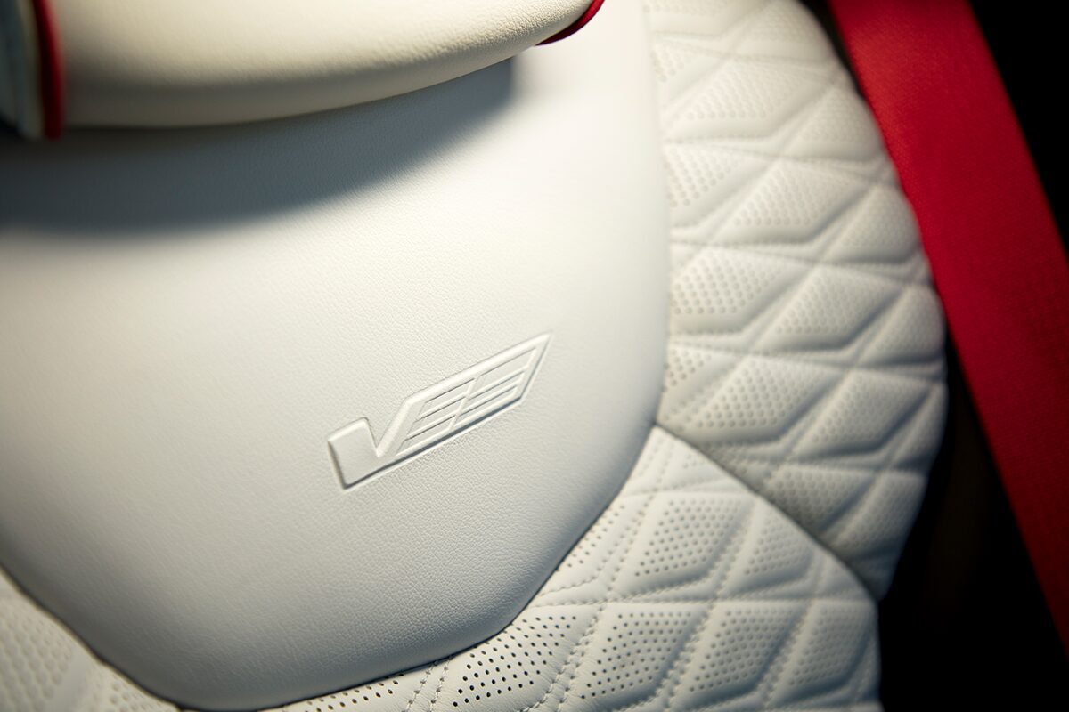 Close-up of the    Cadillac CT4-V Race-inspired White Leather Seating