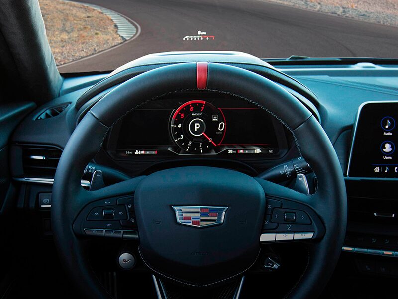 Close-up View of a CT4-V Steering Wheel and HUD on the Windshield