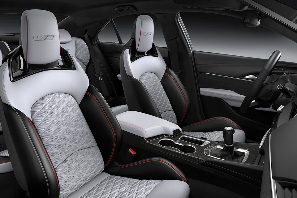 Passenger Door View of the CT4-V Blackwing Sky Cool Gray Leather Seating With Black Accents