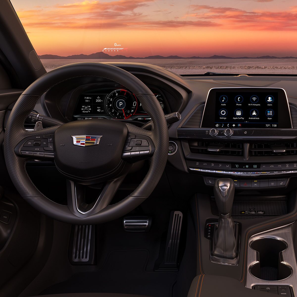 Driver's View of the 2026 CT4 Sleek Infotainment System and Steering Wheel