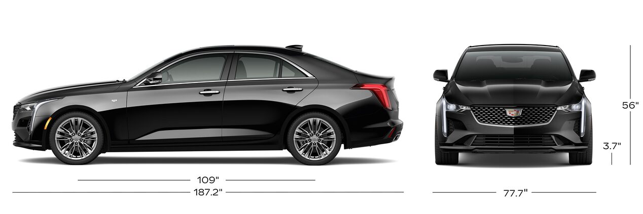 A Side Profile and Front View of the 2026 CT4 with Dimensions Displayed