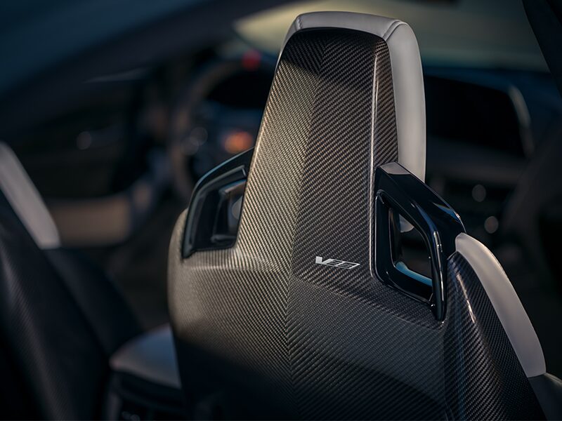 Close-up of a Black Front Seat of a  Cadillac CT5-V Getting Hit by Sunlight