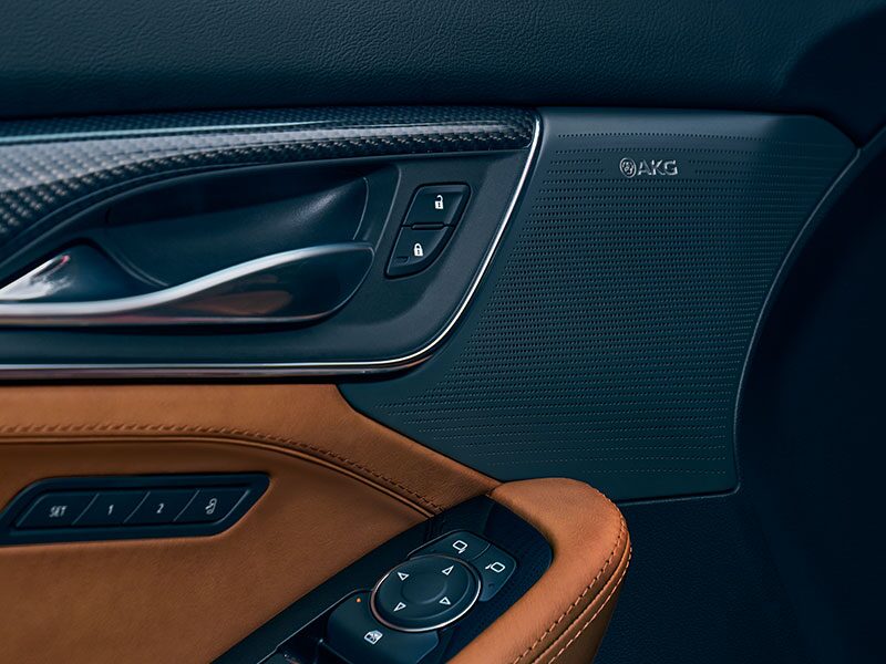 Close-Up View of Premium AKG Speakers and Door Panel in the 2026 Cadillac CT5
