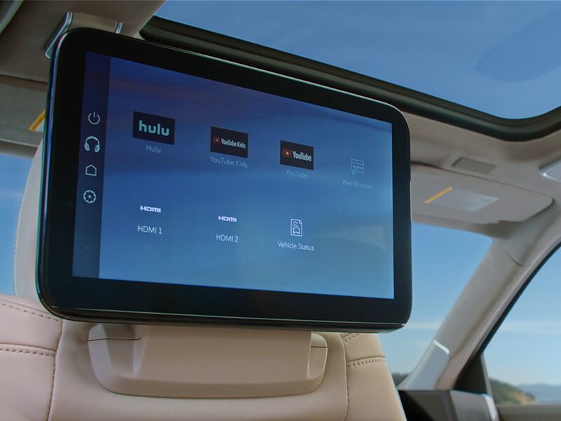 Close-Up of the 2026 Cadillac Escalade Second Row Infotainment Screen on Headrest