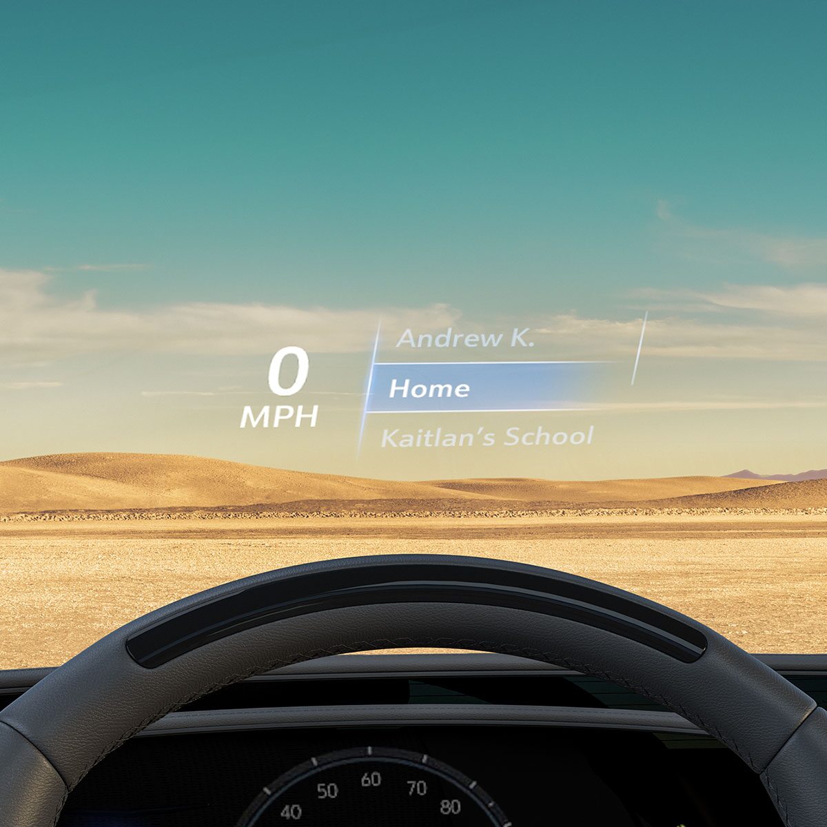 Close-up of the 2026 Escalade Head Up Display on the Windshield Above the Steering Wheel