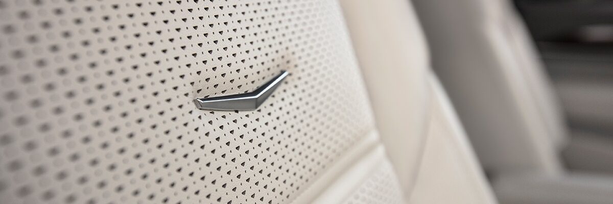 Close-Up of the Cadillac Crest on a 2026 Cadillac Escalade Seat