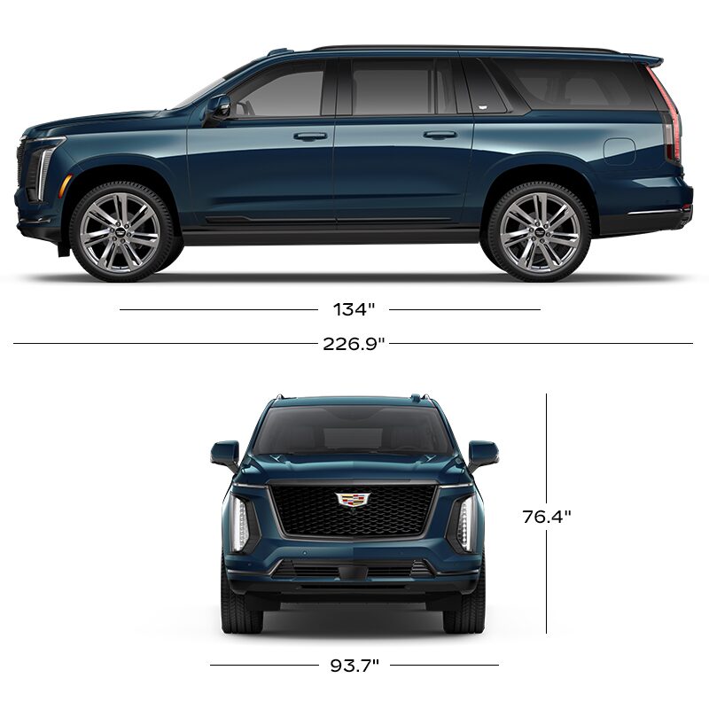 A Side View and Front Profile View of the Blue Escalade ESV with the Dimensions Displayed