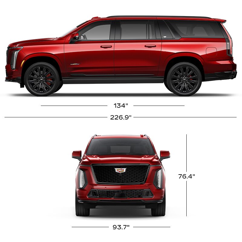 A Side View and Front Profile View of the Red 2026 Escalade-V with the Dimensions Displayed