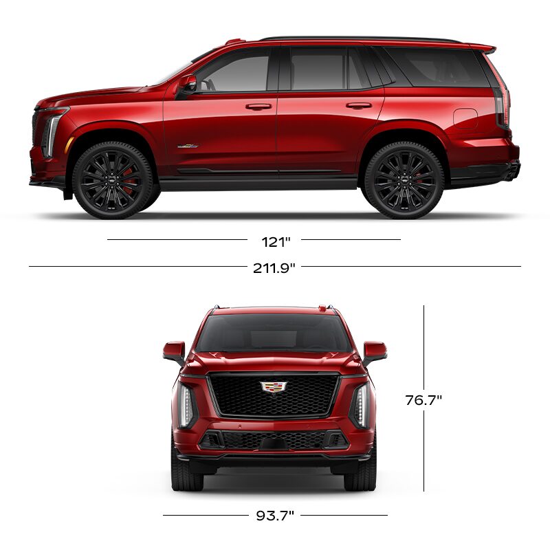 A Side View and Front Profile View of the Red 2026 Escalade-V with the Dimensions Displayed