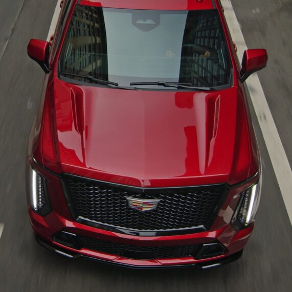 Top View of a Red 2026 Escalade-V Hood and Windshield