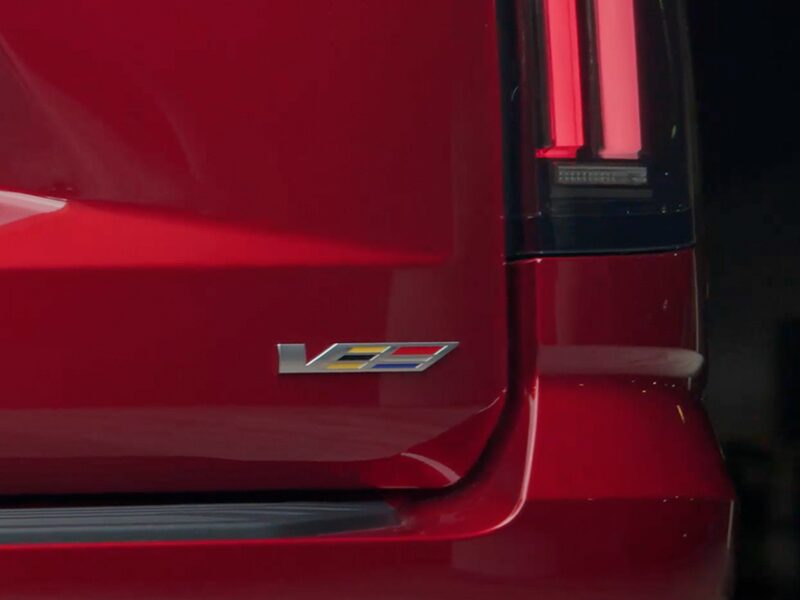 The V-Series Logo on the Rear end of a Red 2026 Escalade-V