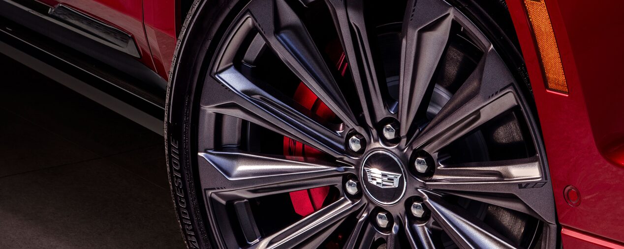 Close-up View of the Wheels and Rims on a Cadillac Performance V-Series Vehicle.