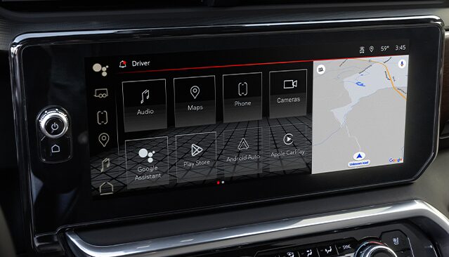 GMC Vehicle Infotainment Screen Displaying Multiple Apps and a Map Interface
